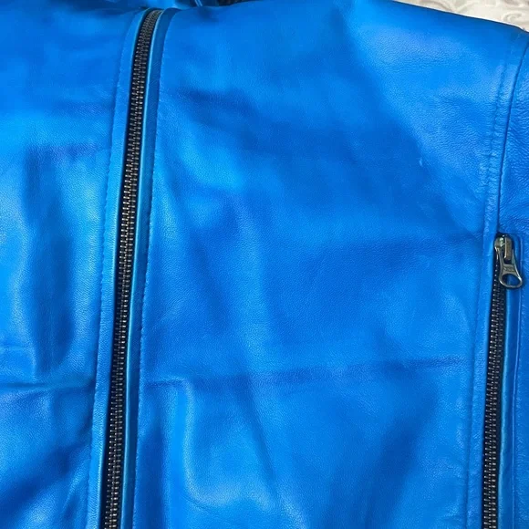Genuine Leather Distressed Look Cafe Racer Jacket Zip Front & Sleeves Blue Large